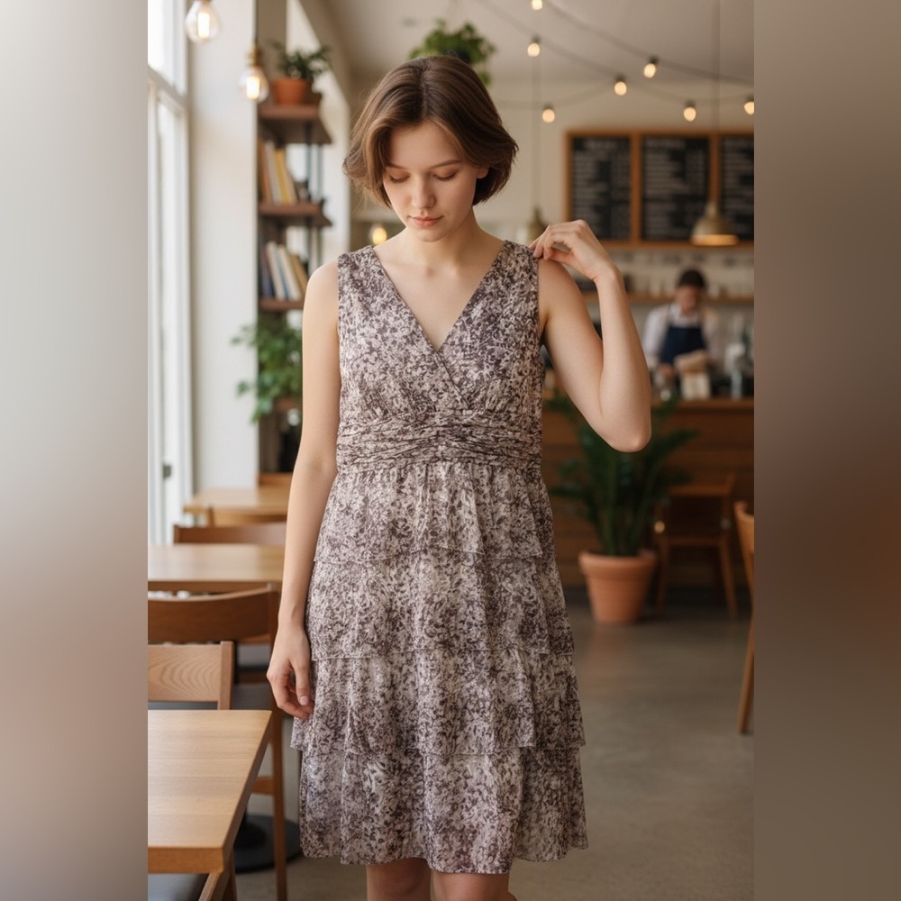 TALBOTS sleeveless dress, gray & subtle violet, lined, fit and flare, tiers.